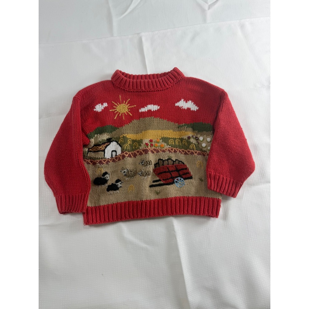 Gougane Handmade Knitwear Red Farm Scene Intarsia Cotton Sweater Kids 2 - Picture 2 of 12